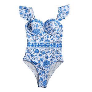NWOT | Blue & White Floral Toile One-Piece Swimsuit | Ruffle | Small